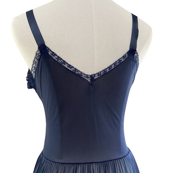 Vintage 50s Navy Lace & Nylon Chiffon Crystal Pleated Full Slip Dress Size S - Picture 7 of 9